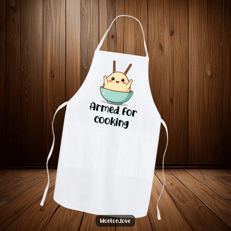 Funny apron featuring a wonton character holding tiny chopsticks like arms, adding humor to cooking.