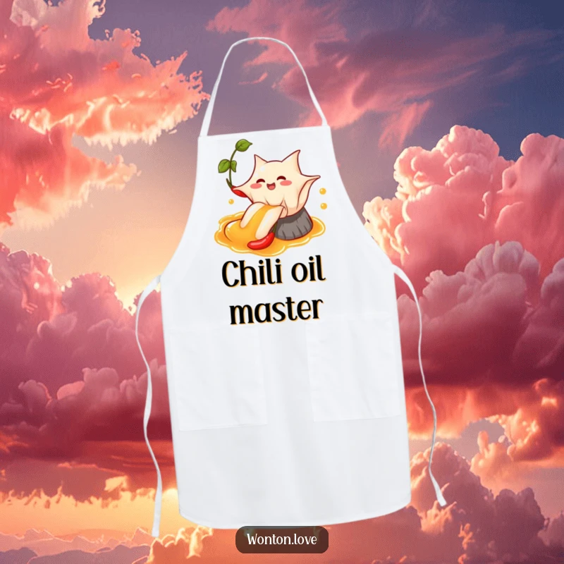 Funny Wonton Chili Oil Apron featuring a wonton sliding down chili oil, ideal for spicy culinary fun.