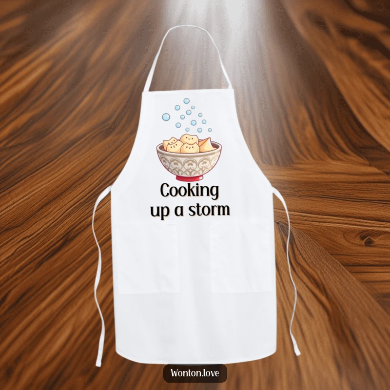 Funny Wonton Steam Apron featuring a steaming bowl of wontons with bubbly action, perfect for kitchen fun.