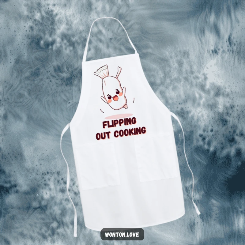 Funny apron depicting an excited wonton wrapper performing a somersault, designed for humorous kitchen activities.