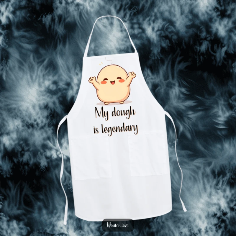 Funny Steamed Bun Apron showing a happy cartoon bao character with its doughy arms waving enthusiastically while cooking.