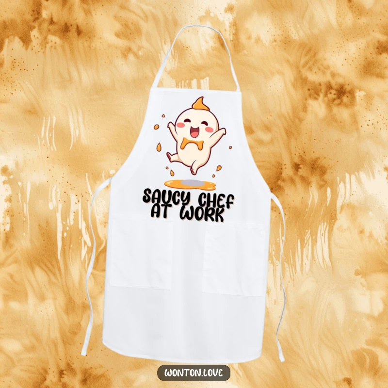 Funny Apron showcasing a happy wonton character performing a cartwheel with sauce splashes, perfect for adding messy, humorous fun to cooking.