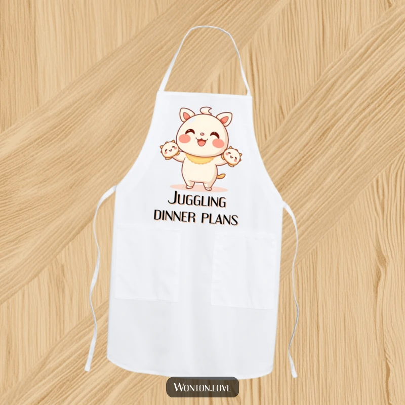 Funny Wonton Juggling Apron featuring a wonton character juggling smiling dumplings, ideal for kitchen fun.