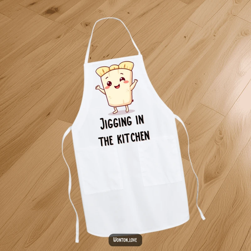 Funny apron featuring a smiling wonton wrapper doing a cheerful jig, adding rhythm and humor to cooking.