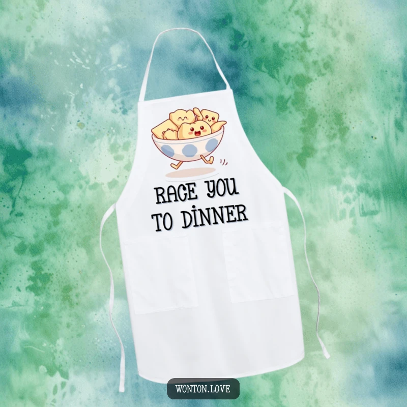 Funny Wonton Race Apron showing wontons with legs comically running in a race while cooking.