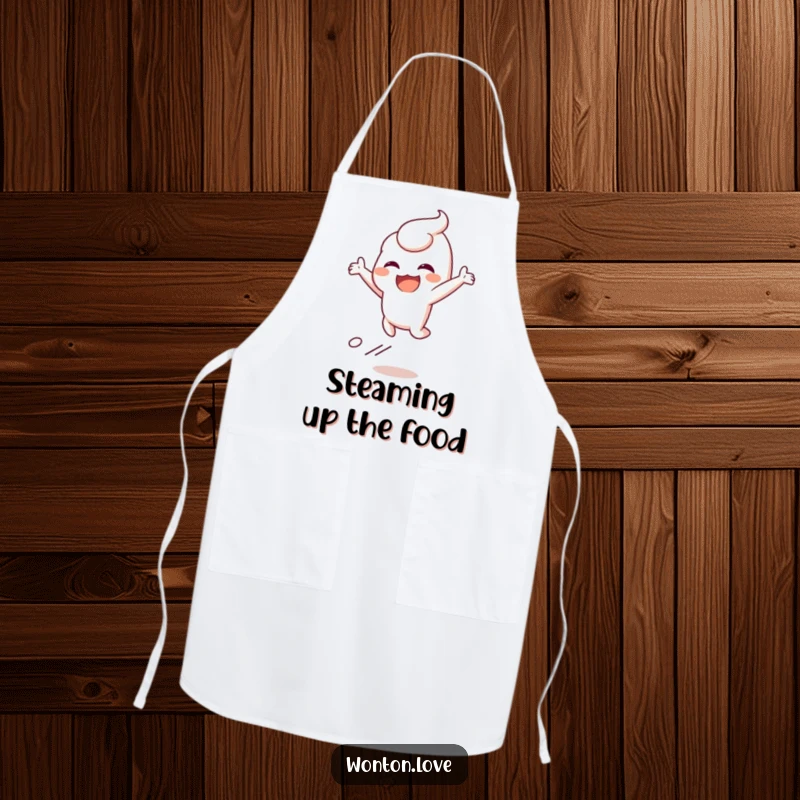 Funny apron featuring a wonton character leaping with joy and a trail of steam, adding humor to cooking.