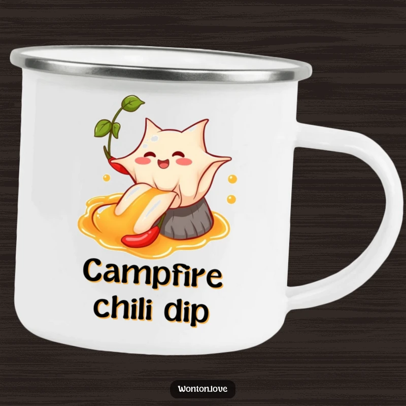 Funny Wonton Chili Oil Camping Mug showing a wonton sliding down chili oil, for adventurous souls.