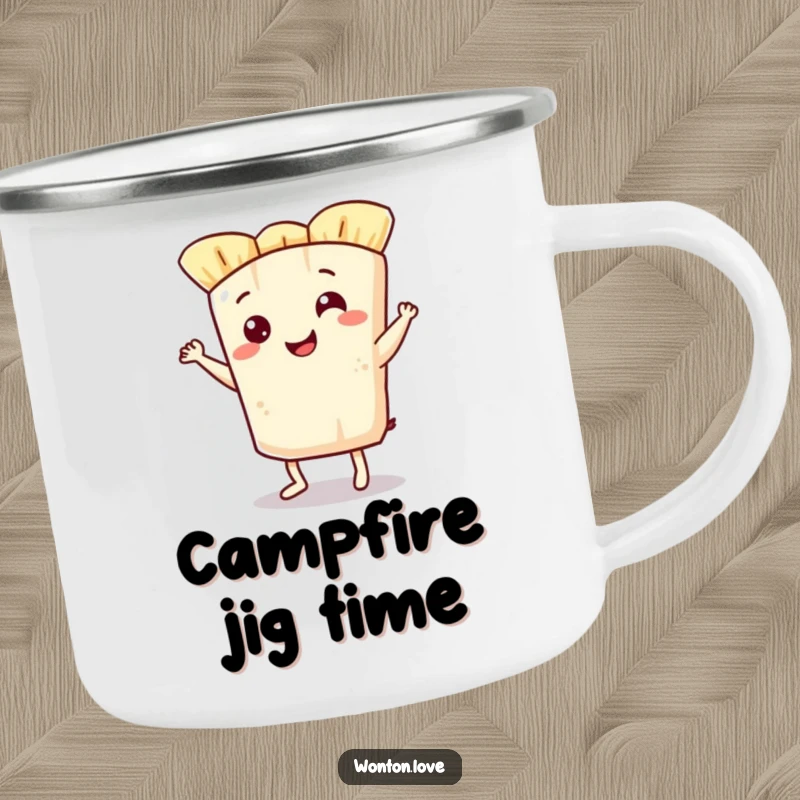 Funny camping mug showcasing a smiling wonton wrapper doing a lively jig, built for adventure and smiles.