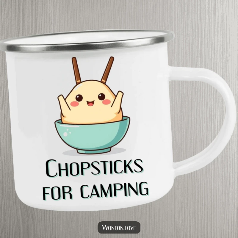 Funny camping mug showing a wonton character holding chopsticks like arms, perfect for adventurers.