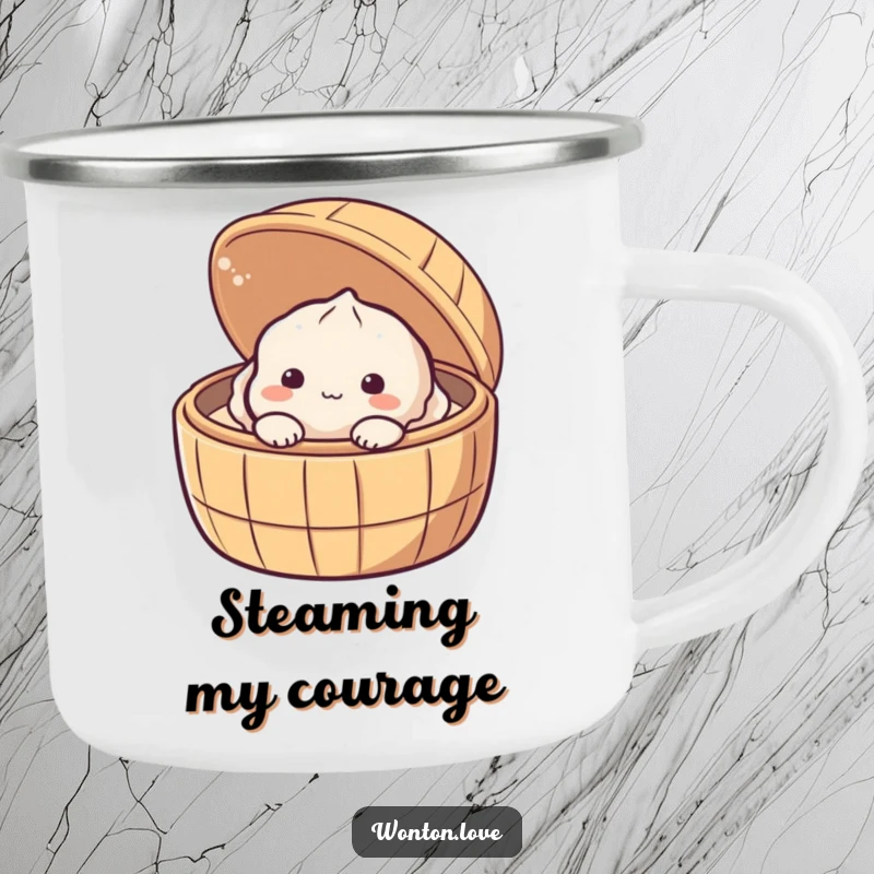 Funny Shy Dumpling Camping Mug with a timid baozi peeking from a steamer, ideal for outdoor brews.