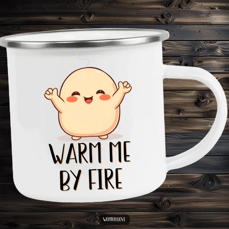 Funny Steamed Bun Camping Mug with a cheerful bao character waving hello, ideal for outdoor adventures.