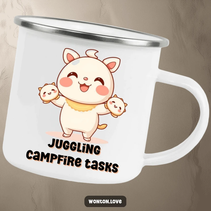 Funny Wonton Juggling Camping Mug showing a wonton character juggling smiling dumplings, for outdoor enthusiasts.