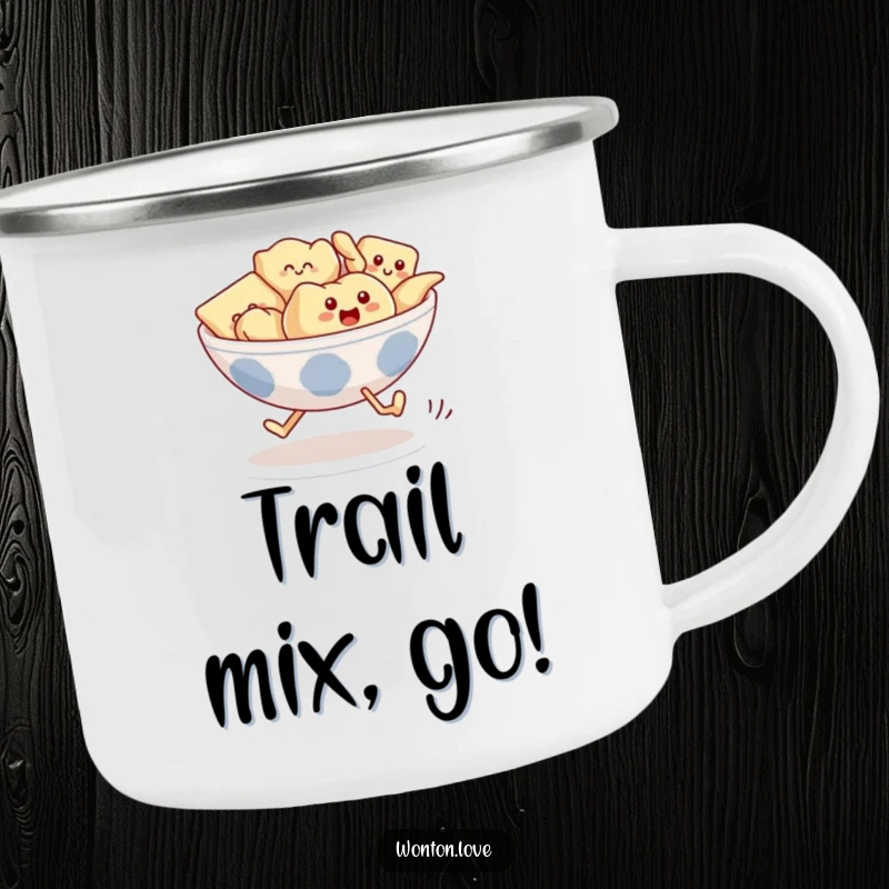 Funny Wonton Race Camping Mug with wontons running in a race, designed for outdoor enthusiasts.