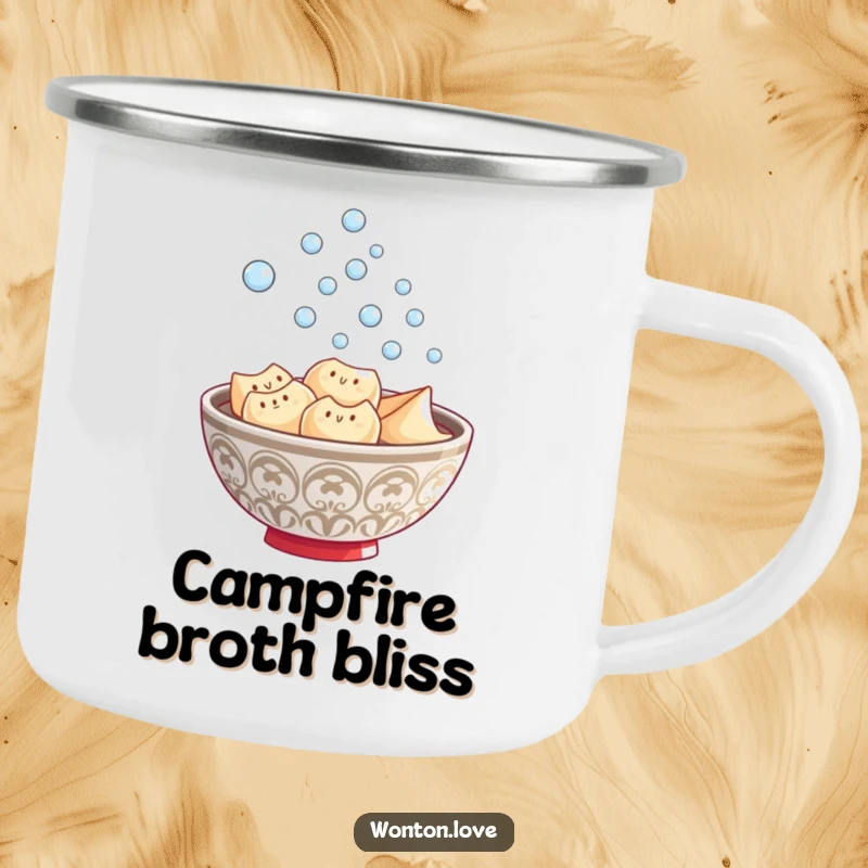 Funny Wonton Steam Camping Mug showcasing a steaming wonton bowl with bubbly effect, ideal for hikers.