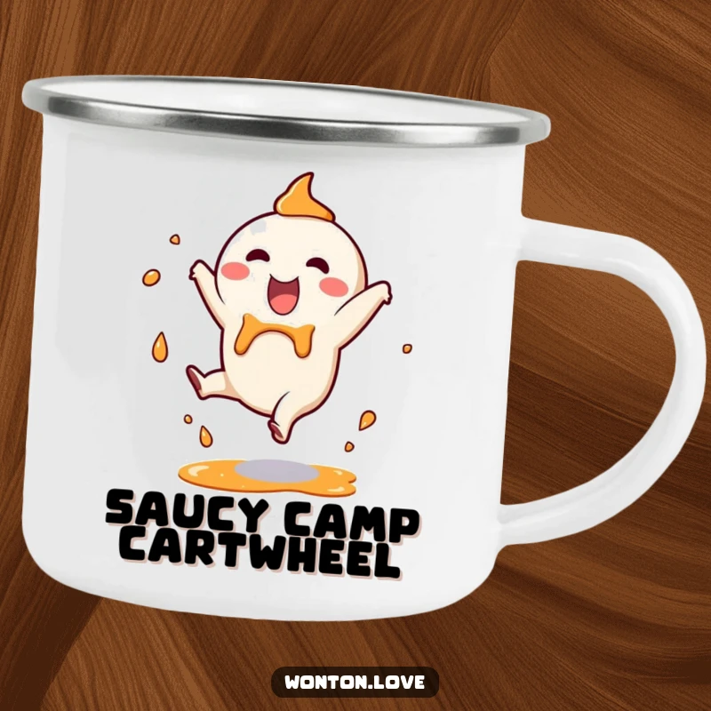 Funny Camping Mug showing a happy wonton character in a cartwheel with sauce splashes, ideal for outdoor adventures and messy fun.