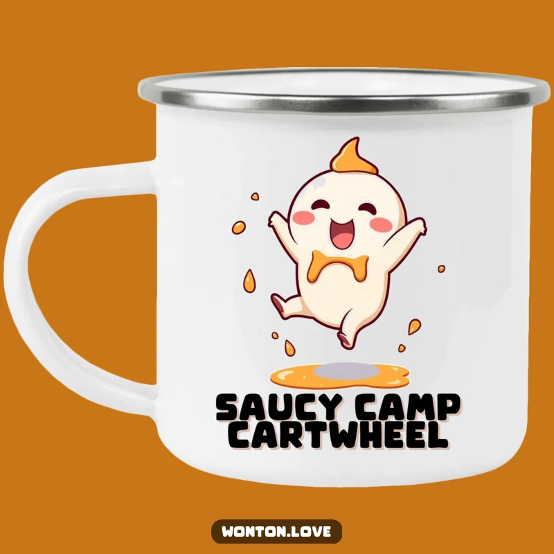 Funny Wonton Cartwheel Enamel Camping Mug: Adventure Fuel with Splashy Fun