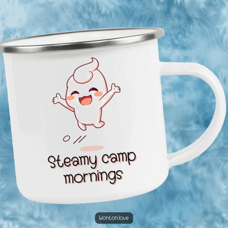 Funny camping mug showing a wonton character joyfully leaping with a steam trail, perfect for adventurers.