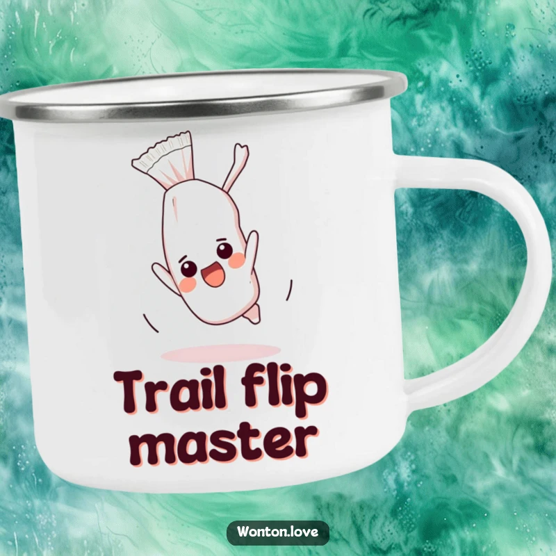 Funny camping mug featuring an excited wonton wrapper doing a somersault, ideal for outdoor enthusiasts who appreciate humor.
