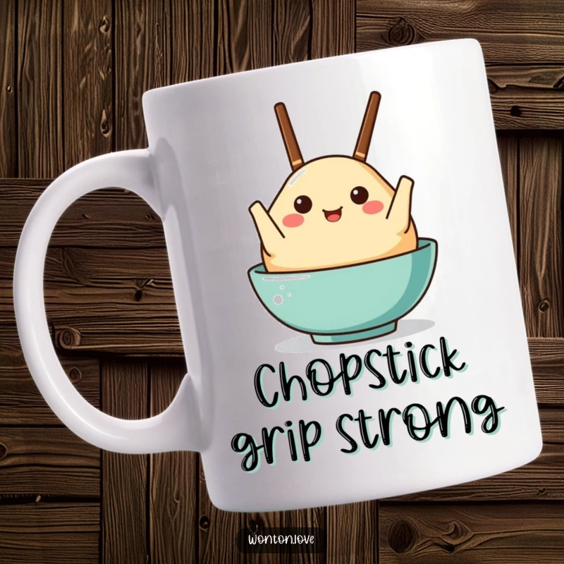 Funny mug with a wonton character comically holding tiny chopsticks as if they were arms, full of charm.