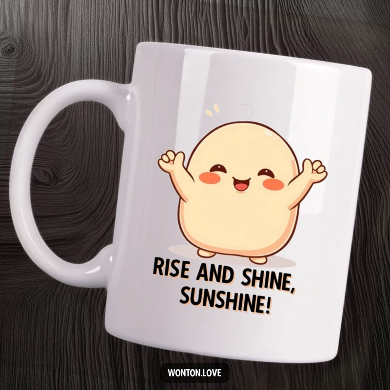 Funny Steamed Bun Mug featuring a happy bao character with round, doughy arms cheerfully waving hello, embodying pure joy.