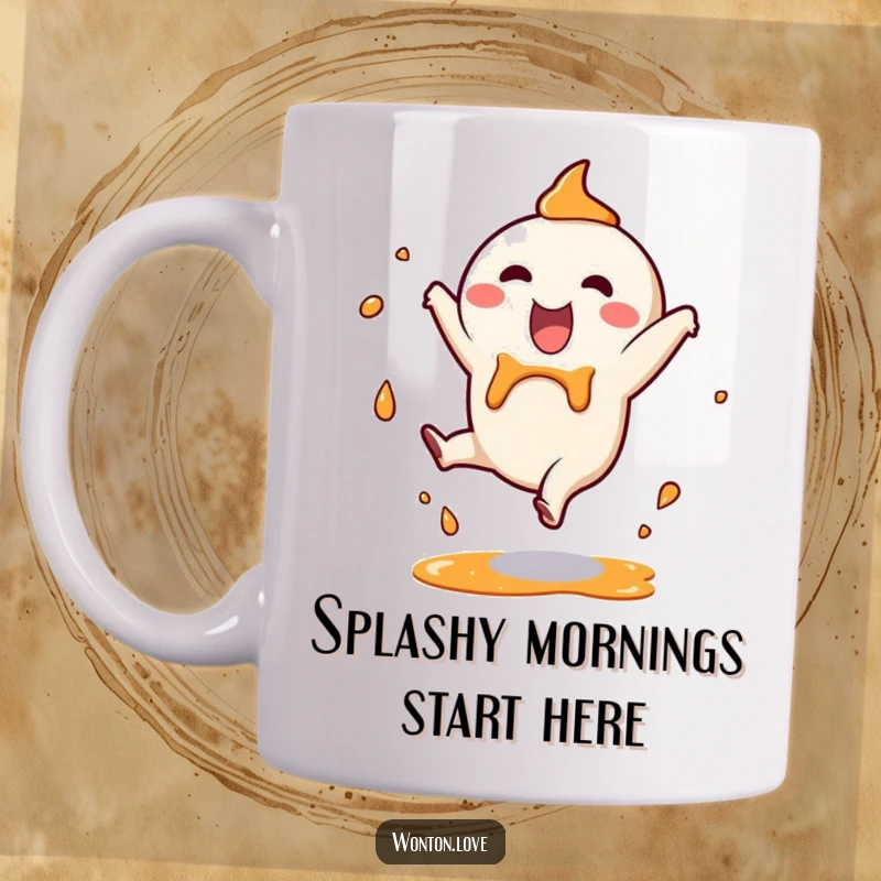 Funny Mug featuring a happy wonton character doing a cartwheel amidst dynamic sauce splashes, conveying pure, messy joy.