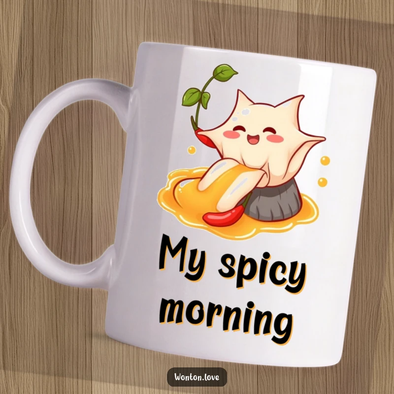 Funny Wonton Chili Oil Mug showing a happy wonton sliding down a vibrant stream of chili oil, full of excitement.
