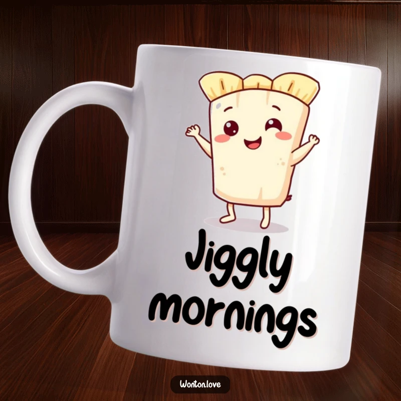 Funny mug with a smiling wonton wrapper character doing a cute jig, complete with cheerful filling eyes.