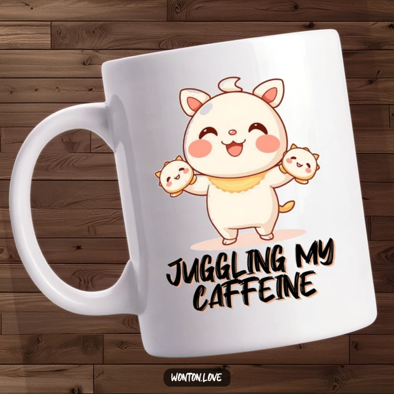 Funny Wonton Juggling Mug featuring a wonton character expertly juggling three tiny, smiling dumplings, full of skill.