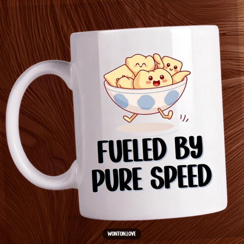 Funny Wonton Race Mug featuring a bowl of cartoon wontons with legs comically running a race.