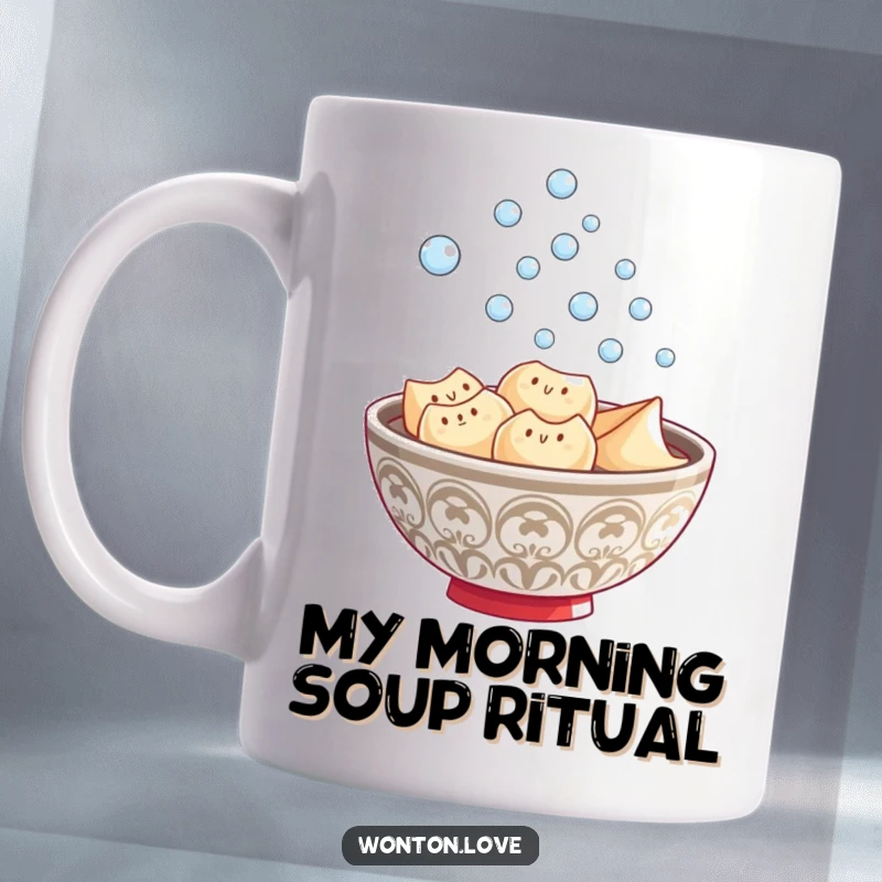 Funny Wonton Steam Mug featuring a steaming bowl of wontons sending playful bubbles upwards, perfect for soup lovers.