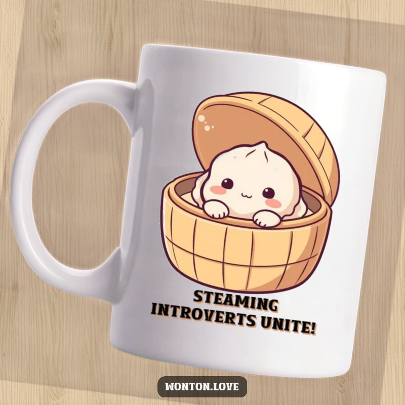Funny Shy Dumpling Mug showing a cute baozi character timidly peeking out from a bamboo steamer basket.