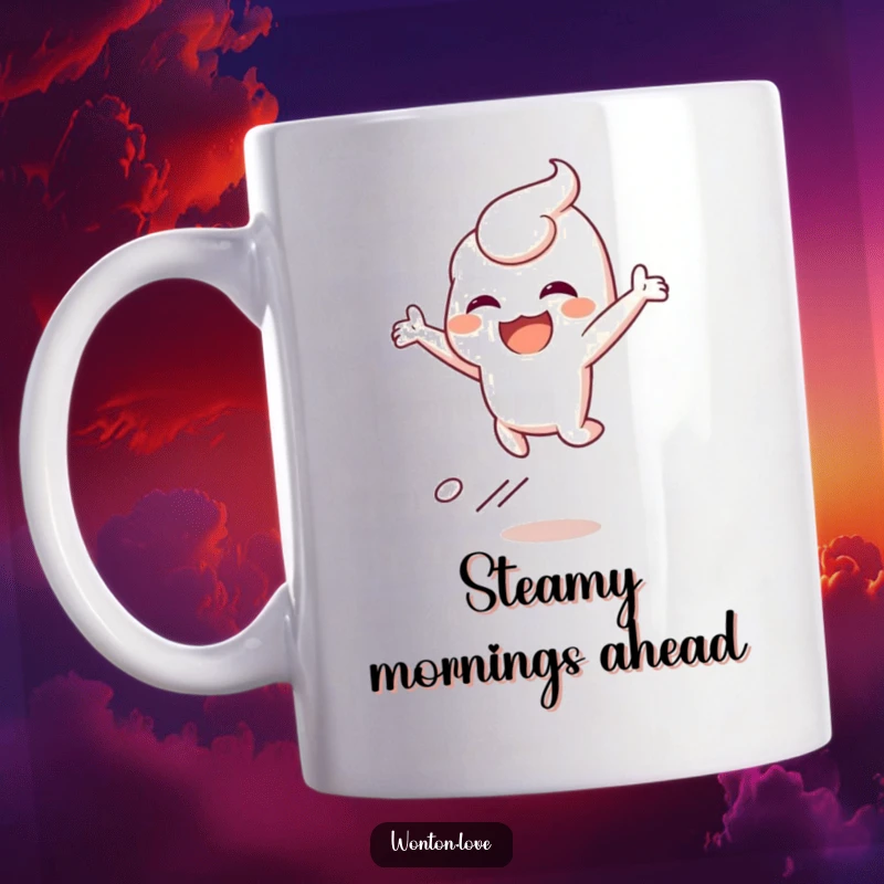 Funny mug with a wonton character joyfully leaping, leaving a whimsical trail of steam, embodying pure delight.