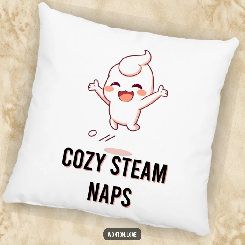 Funny pillow showcasing a wonton character leaping joyfully, leaving a steam trail, perfect for comfort and smiles.