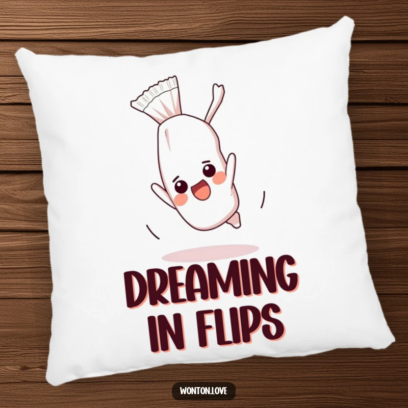 Funny pillow with an excited wonton wrapper character doing a somersault, offering soft and humorous decorative appeal.