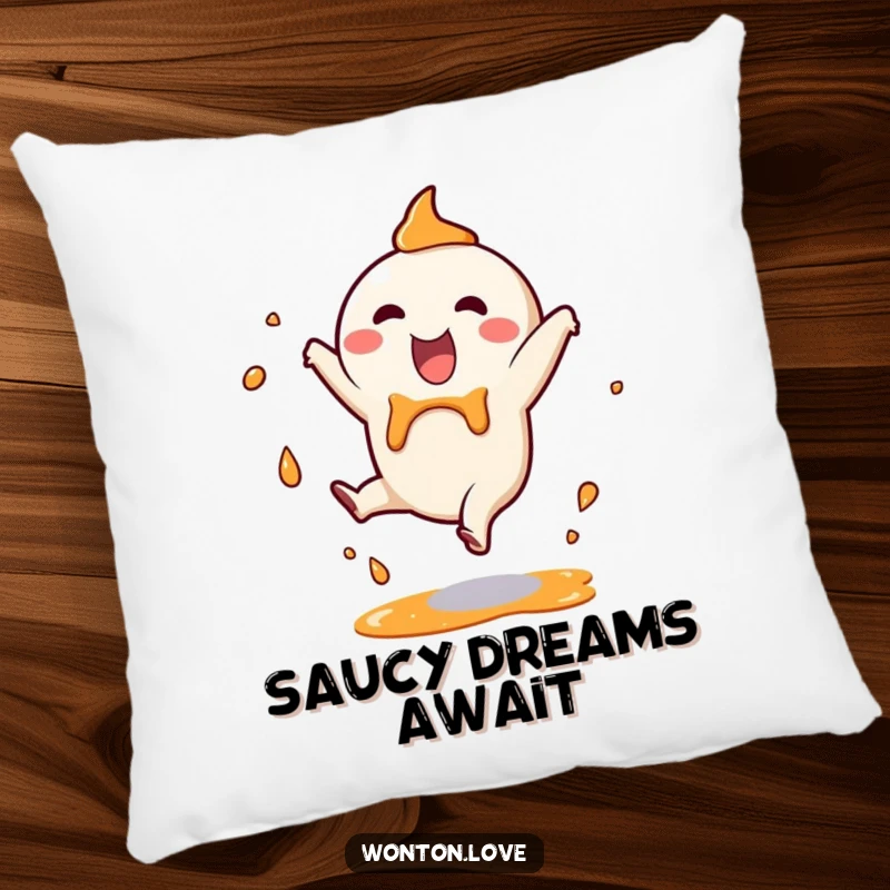 Funny Pillow featuring a happy wonton character in a cartwheel with dynamic sauce splashes, offering comfort with a humorous, energetic theme.