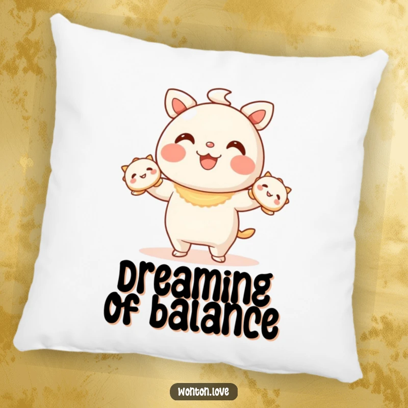 Funny Wonton Juggling Pillow with a wonton character juggling happy dumplings, perfect for cozying up.