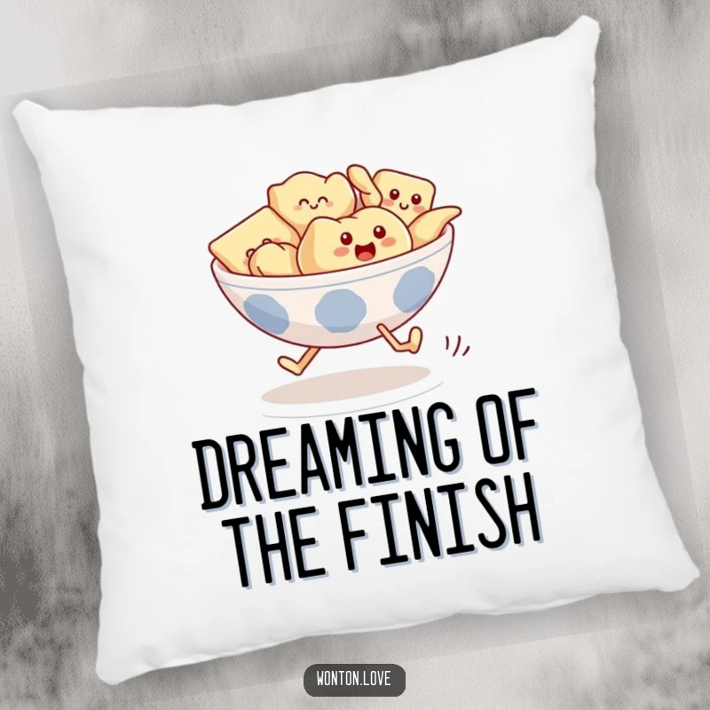 Funny Wonton Race Pillow featuring a bowl of wontons with their legs comically running in a race.