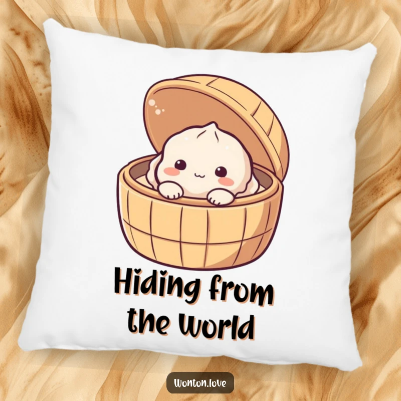 Funny Shy Dumpling Pillow featuring a timid baozi character peeking adorably from a bamboo steamer.