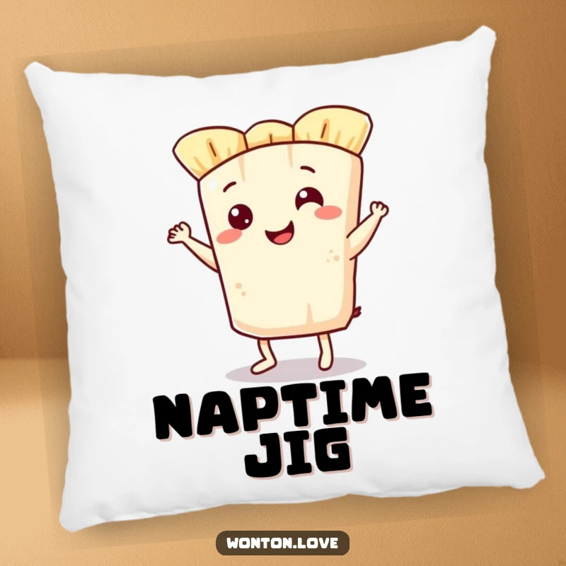 Funny pillow showcasing a smiling wonton wrapper doing a happy jig, perfect for comfort and a mood lift.