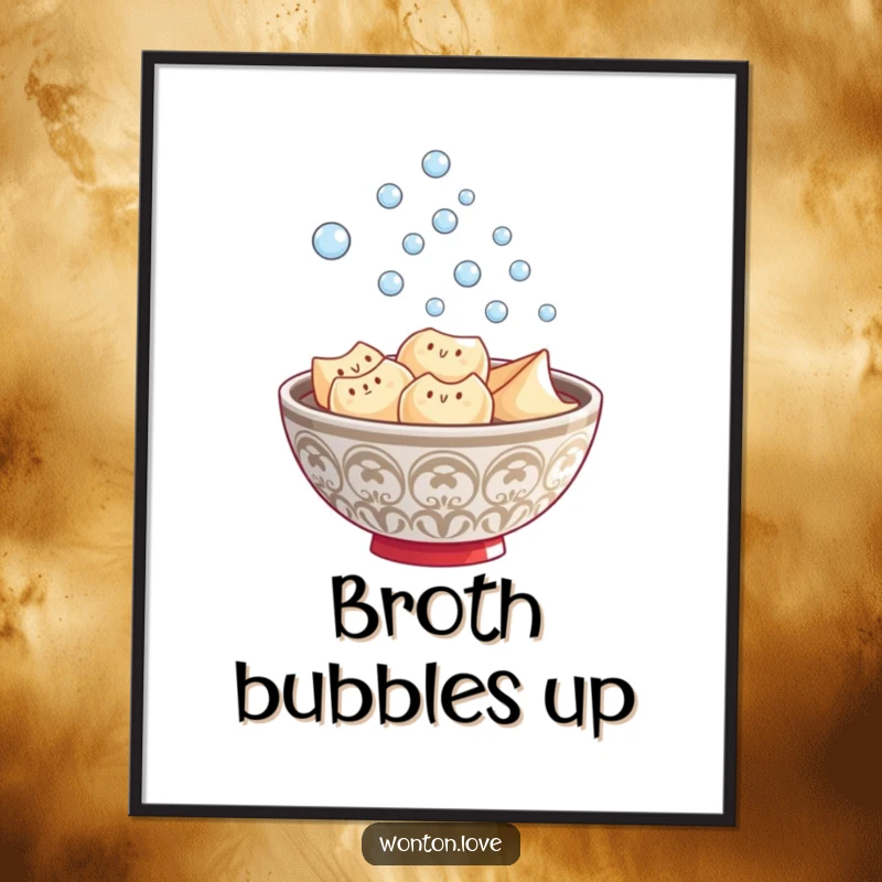 Funny Wonton Steam Digital Art Print of a steaming wonton bowl with playful bubbles, ideal for instant wall decor.