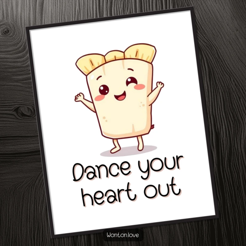 Funny digital art print of a smiling wonton wrapper character doing a lively jig, offering instant humor.
