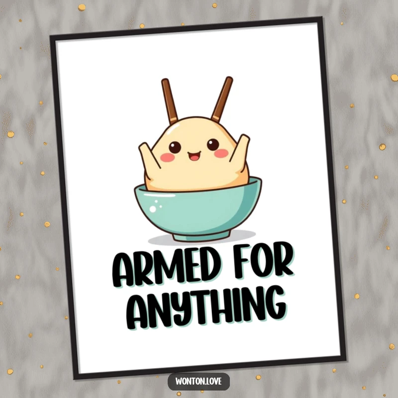 Funny digital art print of a wonton character humorously holding chopsticks like arms, offering instant charm.