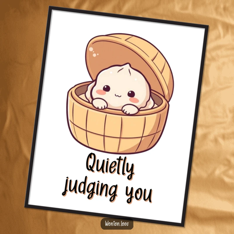 Funny Shy Dumpling Digital Art Print of a shy baozi peeking from a bamboo steamer, ready for display.