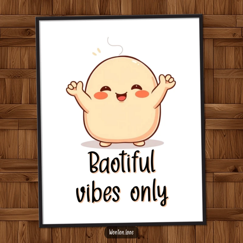 Funny Steamed Bun Digital Art Print of a smiling bao character with doughy arms waving, ready to be displayed.