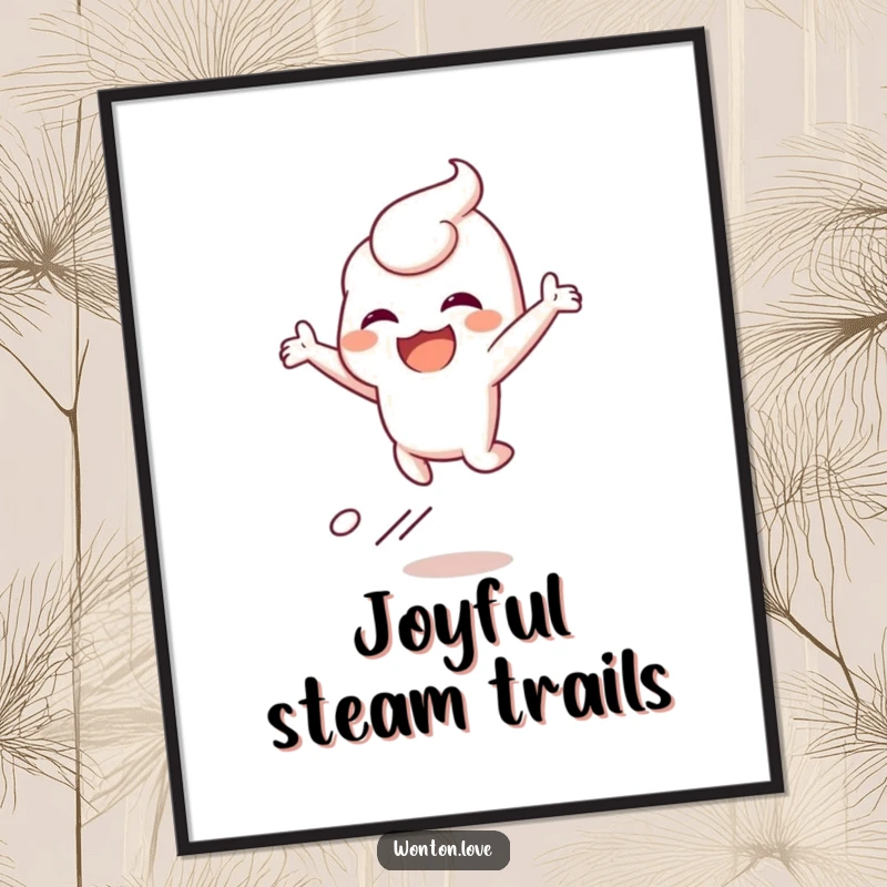 Funny digital art print of a wonton character leaping joyfully with a steam trail, offering instant cheer.