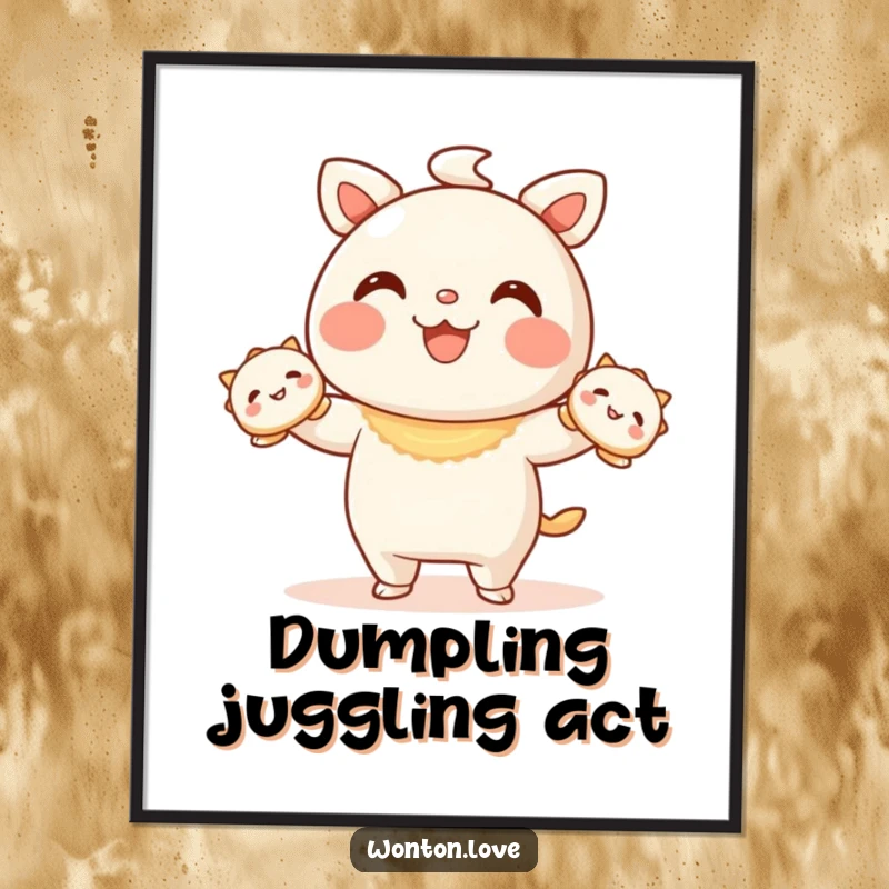 Funny Wonton Juggling Digital Art Print of a wonton character juggling smiling dumplings, perfect for playful decor.