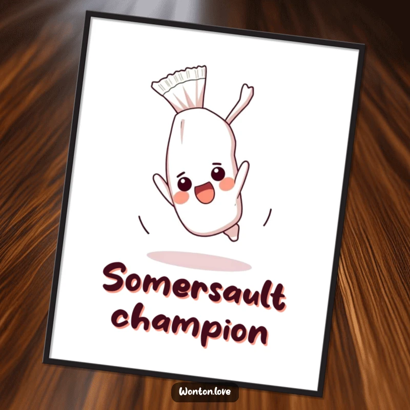 Funny digital art print illustrating an excited wonton wrapper performing a somersault, perfect for humorous wall decor.