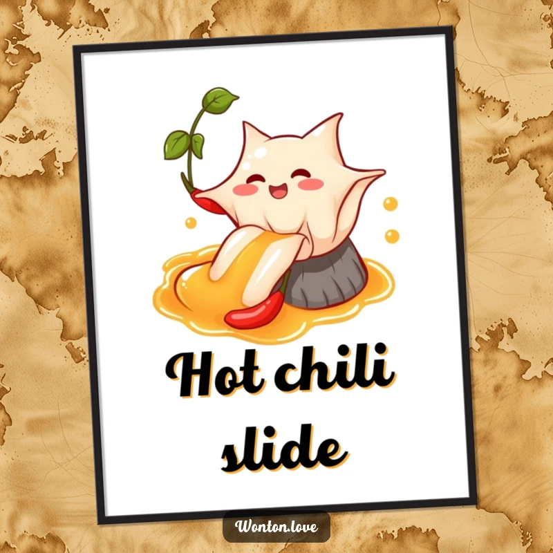 Funny Wonton Chili Oil Digital Art Print of a wonton sliding down chili oil, perfect for bold decor.