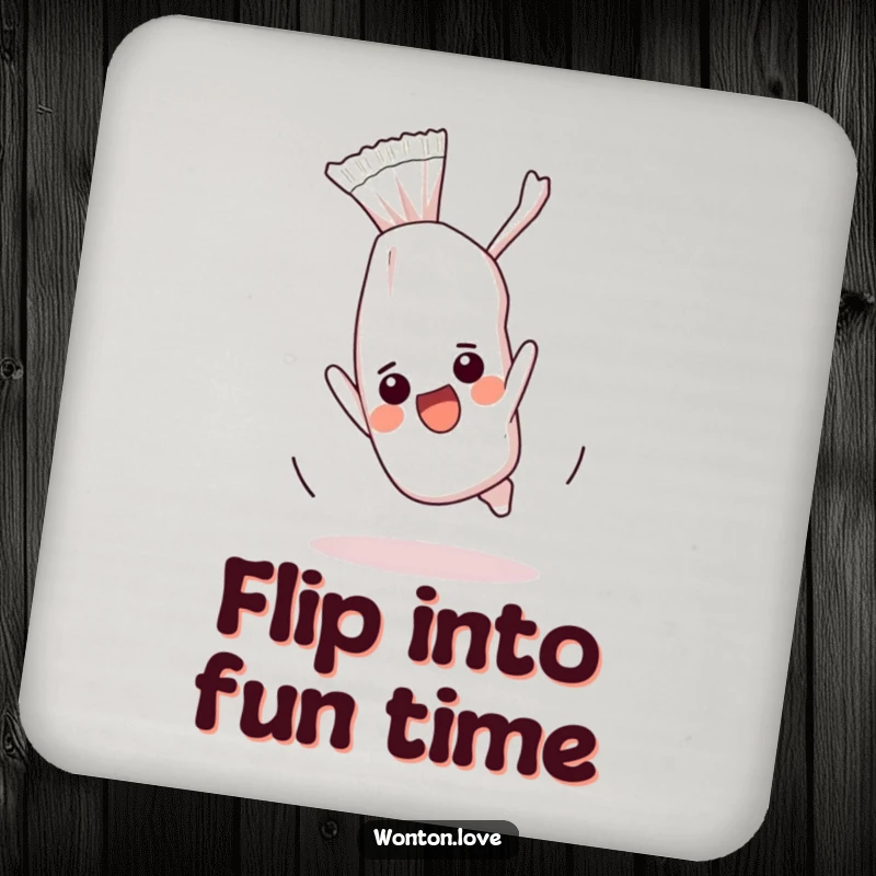 Funny drink coaster depicting an excited wonton wrapper performing a somersault, designed for surface protection with humor.