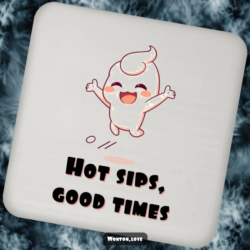 Funny coaster with a wonton character leaping joyfully, leaving a steam trail, protecting surfaces with humor.